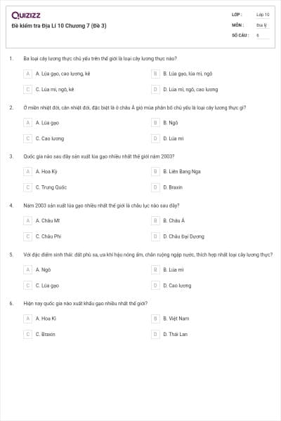 Đề kiểm tra Địa Lí 10 Chương 7 (Đề 3)
