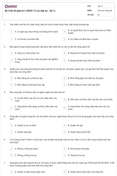 Bộ 4 Đề thi giữa kì 2 GDCD 12 (có đáp án - Đề 1)