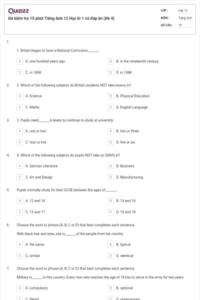 Đề kiểm tra 15 phút Tiếng Anh 12 Học kì 1 có đáp án (Đề 4)