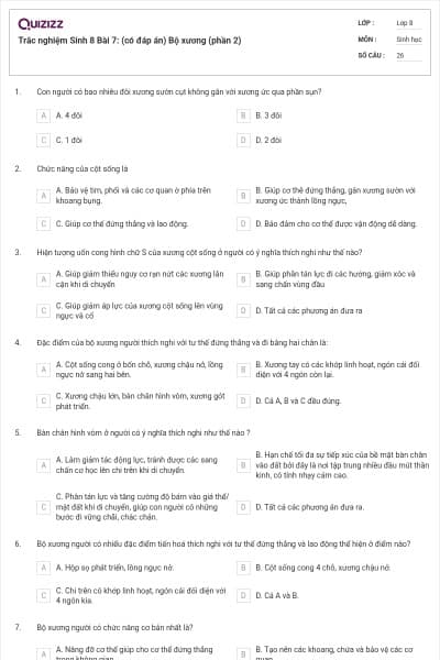Trắc nghiệm Sinh 8 Bài 7: (có đáp án) Bộ xương (phần 2)