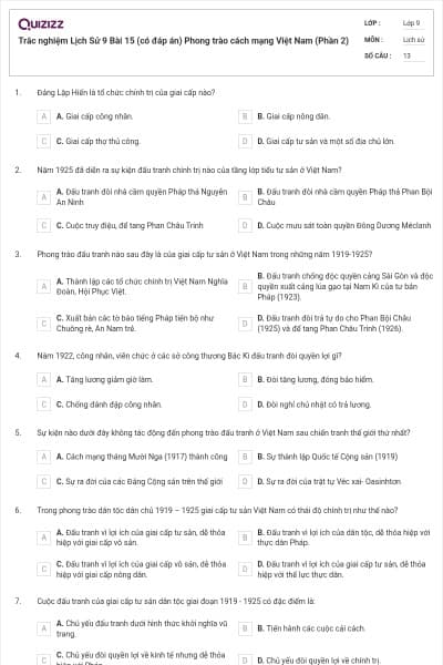 Trắc nghiệm Lịch Sử 9 Bài 15 (có đáp án) Phong trào cách mạng Việt Nam (Phần 2)
