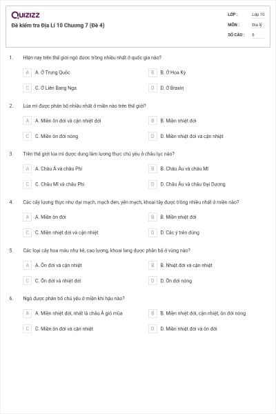 Đề kiểm tra Địa Lí 10 Chương 7 (Đề 4)
