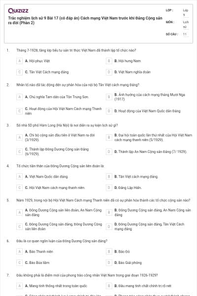 Trắc nghiệm lịch sử 9 Bài 17 (có đáp án) Cách mạng Việt Nam trước khi Đảng Cộng sản ra đời (Phần 2)