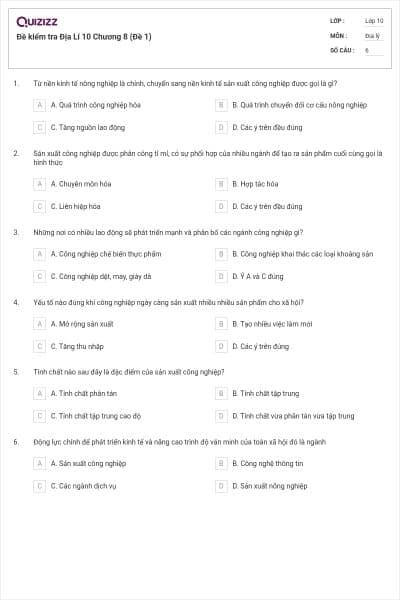 Đề kiểm tra Địa Lí 10 Chương 8 (Đề 1)