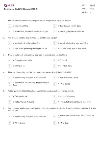 Đề kiểm tra Địa Lí 10 Chương 8 (Đề 2)