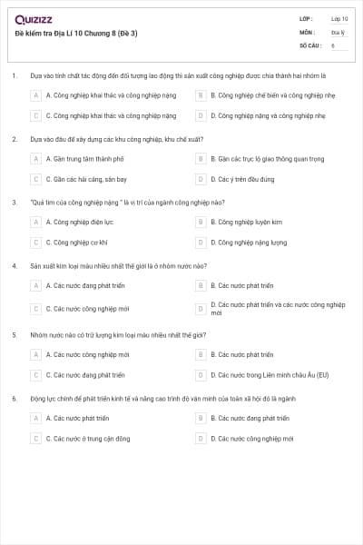 Đề kiểm tra Địa Lí 10 Chương 8 (Đề 3)