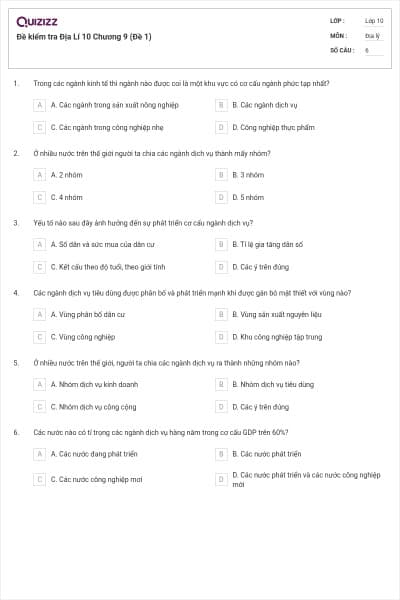 Đề kiểm tra Địa Lí 10 Chương 9 (Đề 1)