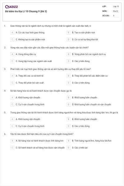Đề kiểm tra Địa Lí 10 Chương 9 (Đề 3)