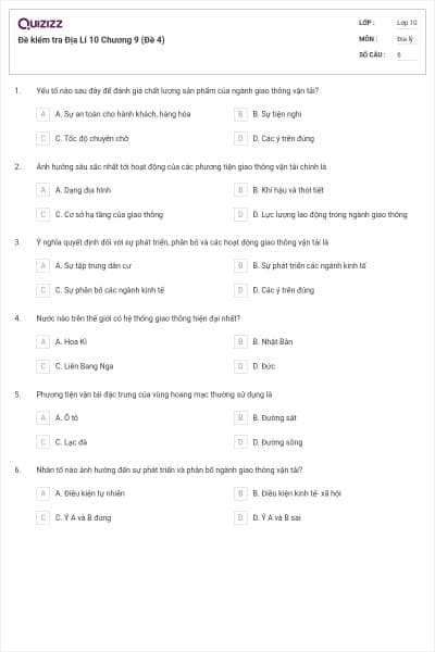 Đề kiểm tra Địa Lí 10 Chương 9 (Đề 4)