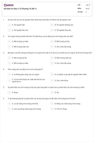 Đề kiểm tra Địa Lí 10 Chương 10 (Đề 1)