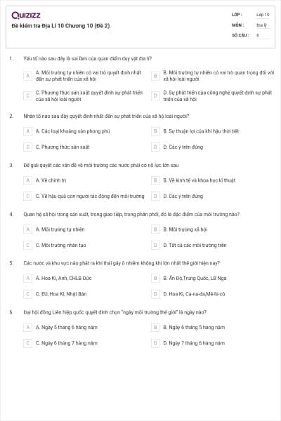 Đề kiểm tra Địa Lí 10 Chương 10 (Đề 2)