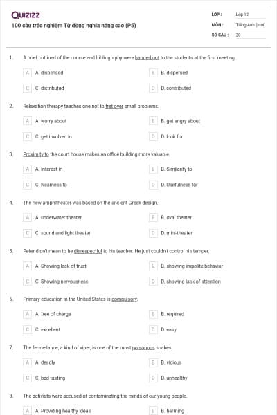 100 câu trắc nghiệm Từ đồng nghĩa nâng cao (P5)