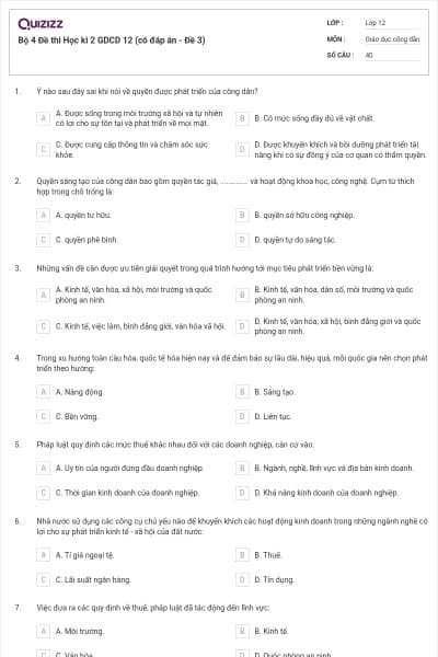 Bộ 4 Đề thi Học kì 2 GDCD 12 (có đáp án - Đề 3)
