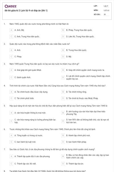 Đề thi giữa kì 2 Lịch Sử 9 có đáp án (Đề 1)