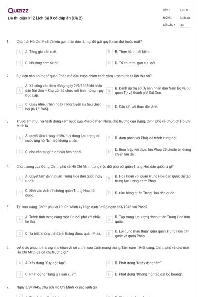 Đề thi giữa kì 2 Lịch Sử 9 có đáp án (Đề 2)