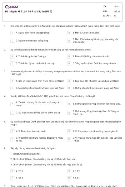 Đề thi giữa kì 2 Lịch Sử 9 có đáp án (Đề 3)