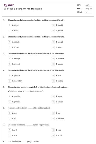 Đề thi giữa kì 2 Tiếng Anh 9 có đáp án (Đề 2)