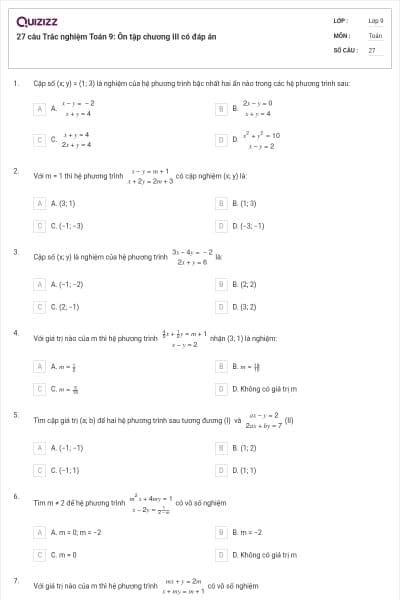 27 câu Trắc nghiệm Toán 9: Ôn tập chương III có đáp án