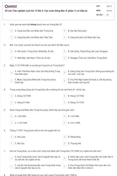 40 câu Trắc nghiệm Lịch Sử 12 Bài 3: Các nước Đông Bắc Á (phần 1) có đáp án