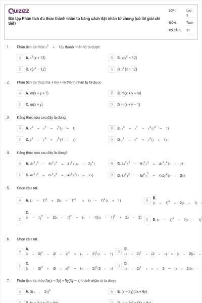 Bài tập Phân tích đa thức thành nhân tử bằng cách đặt nhân tử chung (có lời giải chi tiết)