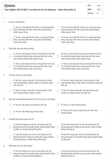 Trắc nghiệm Vật lí 8 Bài 5: (có đáp án) Sự cân bằng lực – Quán tính (phần 2)