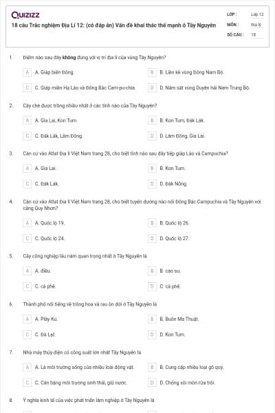 18 câu Trắc nghiệm Địa Lí 12: (có đáp án) Vấn đề khai thác thế mạnh ở Tây Nguyên