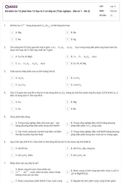 Đề kiểm tra 15 phút Hóa 12 Học kì 2 có đáp án (Trắc nghiệm - Bài số 1 - Đề 3)