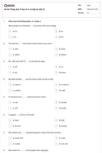 Đề thi Tiếng Anh 9 Học kì 2 có đáp án (Đề 2)