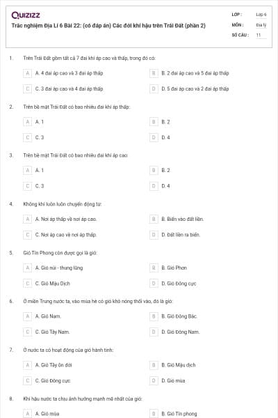 Trắc nghiệm Địa Lí 6 Bài 22: (có đáp án) Các đới khí hậu trên Trái Đất (phần 2)