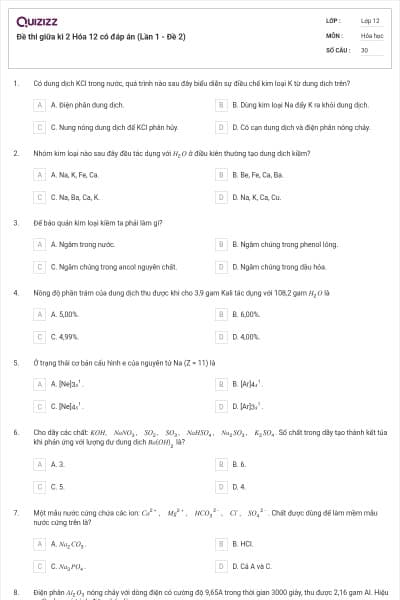 Đề thi giữa kì 2 Hóa 12 có đáp án (Lần 1 - Đề 2)