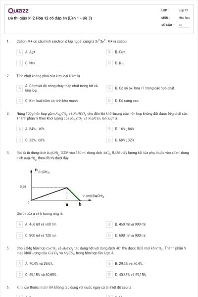 Đề thi giữa kì 2 Hóa 12 có đáp án (Lần 1 - Đề 3)