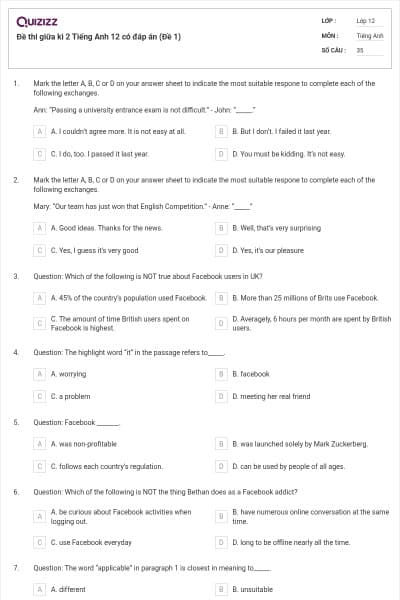 Đề thi giữa kì 2 Tiếng Anh 12 có đáp án (Đề 1)