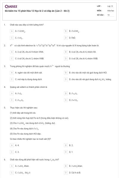 Đề kiểm tra 15 phút Hóa 12 Học kì 2 có đáp án (Lần 2 - Đề 2)