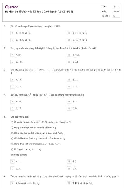 Đề kiểm tra 15 phút Hóa 12 Học kì 2 có đáp án (Lần 2 - Đề 3)