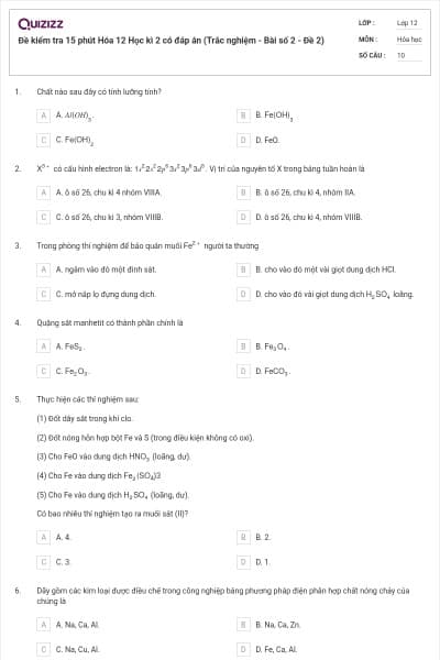 Đề kiểm tra 15 phút Hóa 12 Học kì 2 có đáp án (Trắc nghiệm - Bài số 2 - Đề 2)