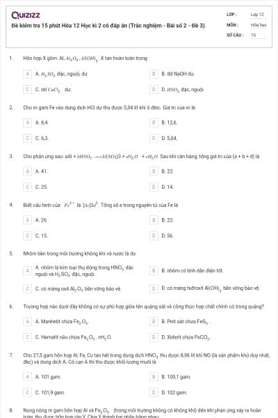 Đề kiểm tra 15 phút Hóa 12 Học kì 2 có đáp án (Trắc nghiệm - Bài số 2 - Đề 3)