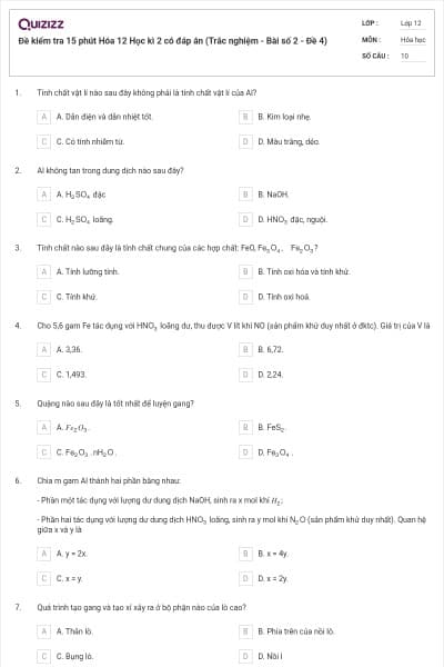 Đề kiểm tra 15 phút Hóa 12 Học kì 2 có đáp án (Trắc nghiệm - Bài số 2 - Đề 4)