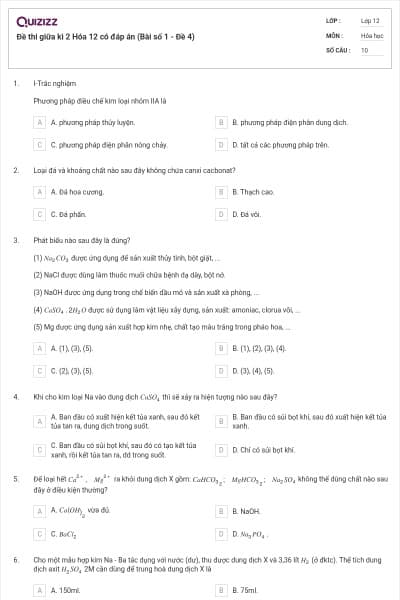 Đề thi giữa kì 2 Hóa 12 có đáp án (Bài số 1 - Đề 4)