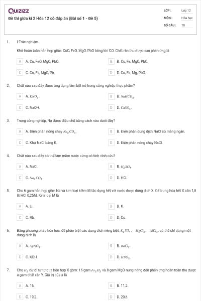 Đề thi giữa kì 2 Hóa 12 có đáp án (Bài số 1 - Đề 5)
