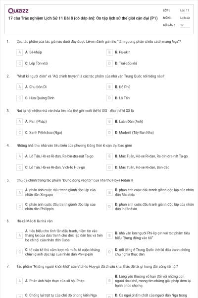17 câu  Trắc nghiệm Lịch Sử 11 Bài 8 (có đáp án): Ôn tập lịch sử thế giới cận đại (P1)