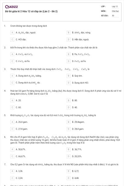 Đề thi giữa kì 2 Hóa 12 có đáp án (Lần 2 - Đề 2)