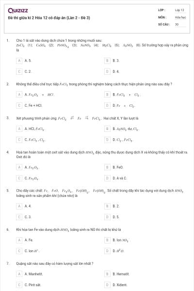 Đề thi giữa kì 2 Hóa 12 có đáp án (Lần 2 - Đề 3)