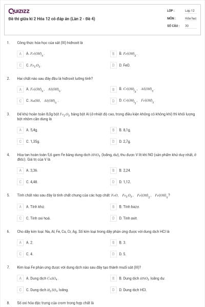 Đề thi giữa kì 2 Hóa 12 có đáp án (Lần 2 - Đề 4)