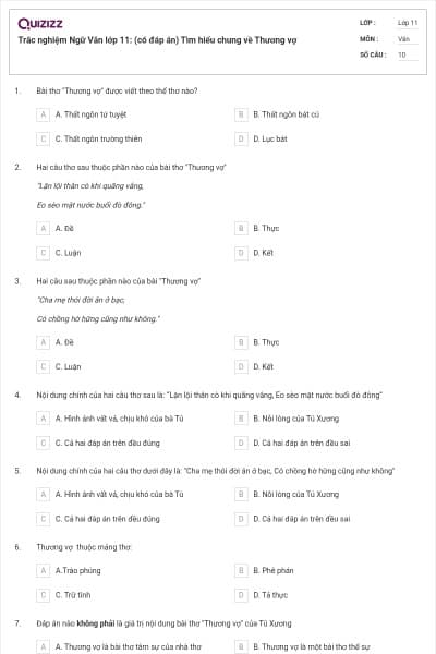 Trắc nghiệm Ngữ Văn lớp 11: (có đáp án) Tìm hiểu chung về Thương vợ