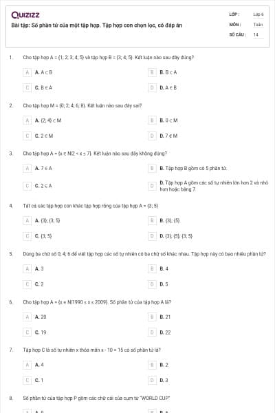 Bài tập: Số phần tử của một tập hợp. Tập hợp con chọn lọc, có đáp án