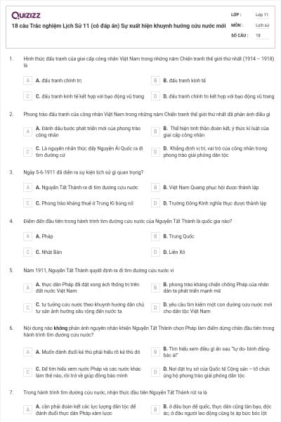 18 câu  Trắc nghiệm Lịch Sử 11 (có đáp án)  Sự xuất hiện khuynh hướng cứu nước mới