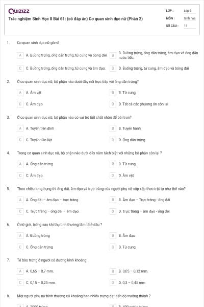 Trắc nghiệm Sinh Học 8 Bài 61: (có đáp án) Cơ quan sinh dục nữ (Phần 2)