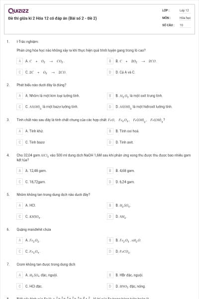 Đề thi giữa kì 2 Hóa 12 có đáp án (Bài số 2 - Đề 2)