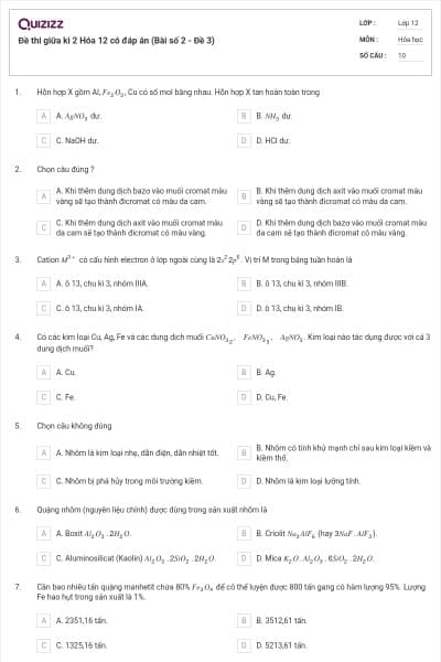 Đề thi giữa kì 2 Hóa 12 có đáp án (Bài số 2 - Đề 3)