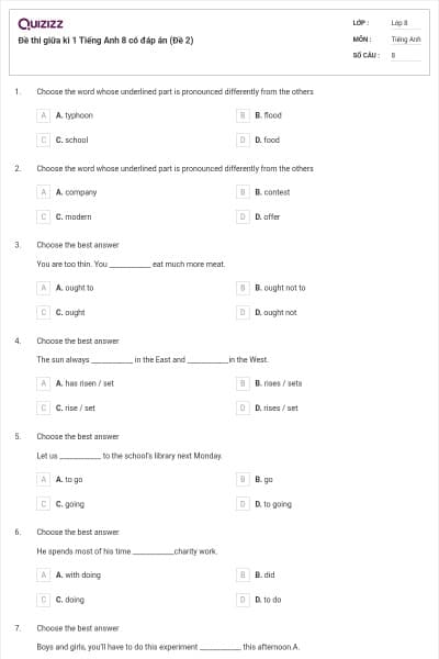 Đề thi giữa kì 1 Tiếng Anh 8 có đáp án (Đề 2)